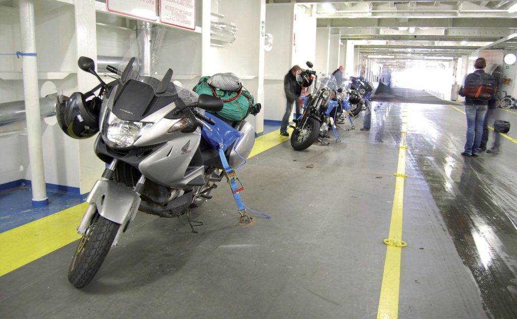 Motorbike parked on a Brittany ferries ferry, motorbike on the Portsmouth to St Malo ferry